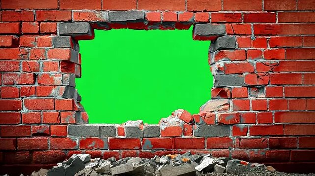 red brick wall with hole and green screen