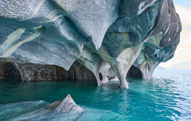 Interior of the flooded Marble Caves, unique rock formations in the General Carrera Lake, Chile....