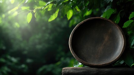 Empty wooden plate in a lush forest setting