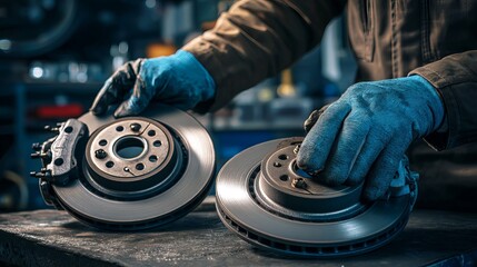 Auto mechanic installs rear disc brakes and calipers Vehicle brake service in progress
