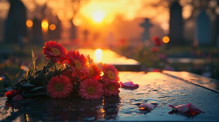 Beautiful red gerbera daisies at sunset cemetery peaceful remembrance life loss dark grave image