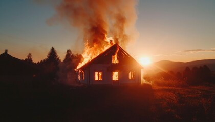 Burning house at sunset (1)