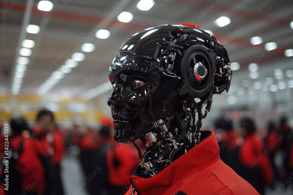 Poster futuristic robot head, factory setting