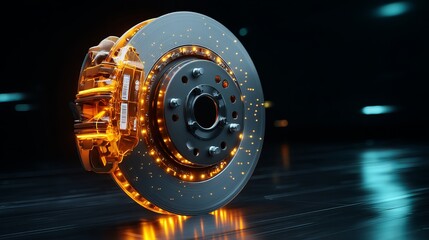 Glowing digital display of disc and drum brake parts 3D illustration highlighting technology in dark background