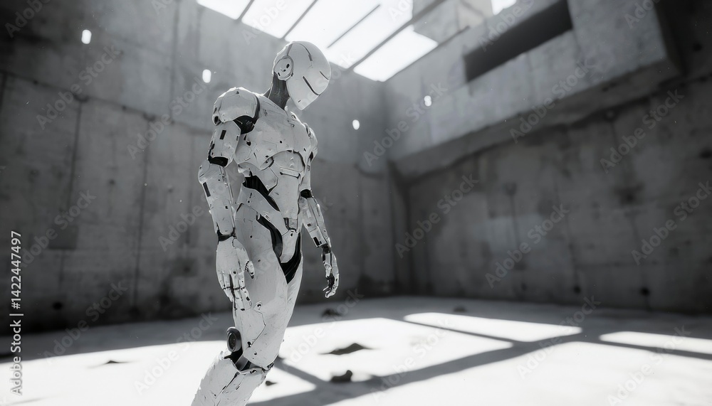 Poster futuristic robot in abandoned concrete structure