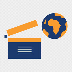 Movies website. Clapperboard with globe icon flat style isolated on white background. Vector illustration