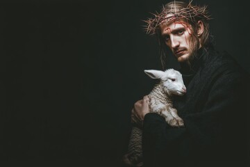 Minimalist portrait of jesus wearing a crown of thorns and holding a lamb against a dark background