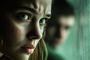 a sad woman's face with a blurred figure of a man behind