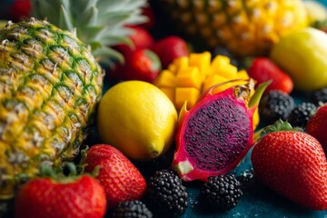 Vibrant tropical fruit display featuring pineapples, berries, and exotic delights for summer events