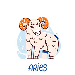 Cute ram representing Aries zodiac sign. Cartoon Ram has curly wool and orange horns, playful expression. Vector emblem Aries