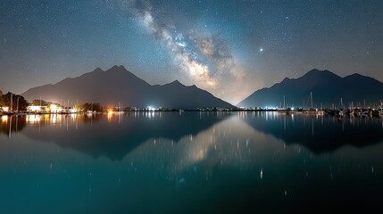 Stunning night sky view over tranquil lake reflecting mountains and Milky Way