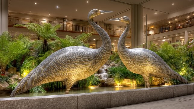 Moa bird sculptures in a lush, well-lit indoor garden setting