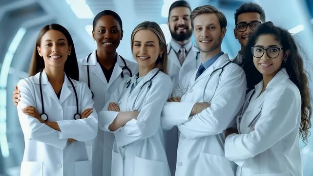 A diverse group of medical professionals in lab coats stand smiling in a bright, modern hospital setting. The team's confident posture conveys expertise, trust, and care in healthcare services.