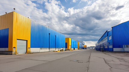 Naklejka premium Outdoor view of large commercial steel warehouses made with coldrolled materials