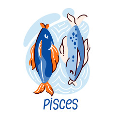 Two intertwined fishes, astrological zodiac sign Pisces in vibrant color scheme with blue and orange elements. Modern zodiac sign vector illustration