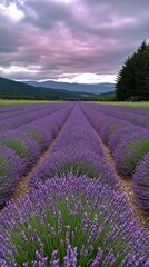Naklejka premium Lavender Fields at Sunset in a Mountainous Landscape With Colorful Horizon