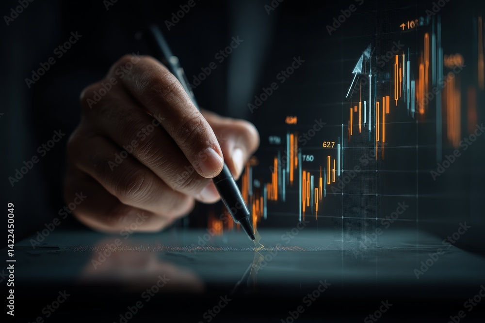 Poster businessman using tablet to annotate stock market graphs and growth charts with a digital pen