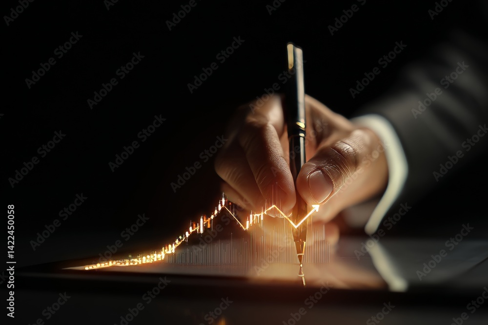 Poster businessman using tablet to write on virtual stock market graph and growth chart in a suit