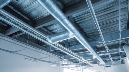 Supply and exhaust pipe system on ceiling inside warehouse or commercial interior