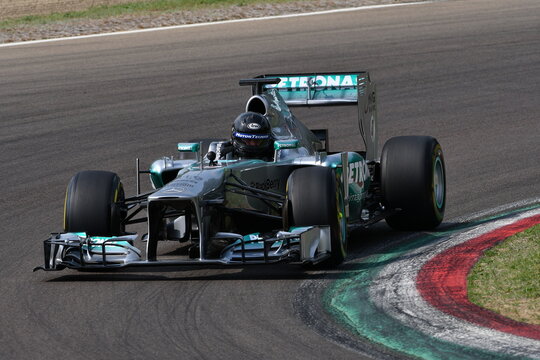 Imola, May 6th 2018: Mercedes F1 W04 of year 2013 in action during Minardi Historic Day 2018 at Imola Circuit in Italy.