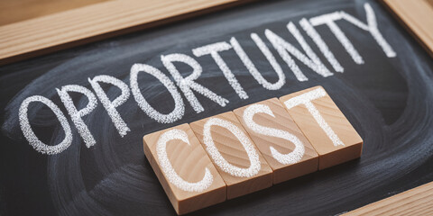 Close-up of chalkboard with "Opportunity Cost" written in chalk and wooden blocks, showcasing a business concept related to financial decisions and resource allocation