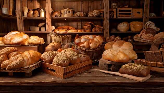 Rustic bakery interior with assorted loaves and rolls of freshly baked bread