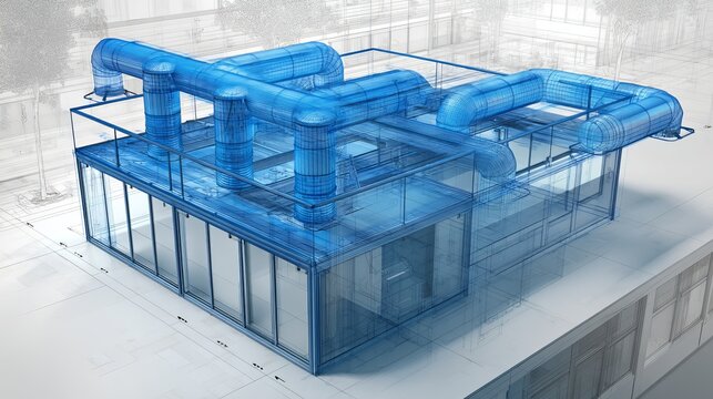 3D BIM illustration blueprint of a complete ventilation system in architecture project