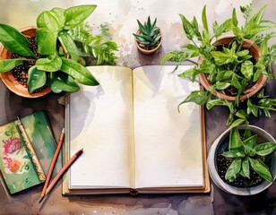 watercolor painting of Workspace Flat Lay with Plants & Journals – Digital detox & productivity trend with copy space