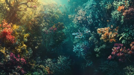 Obraz premium A Lush Forest Canopy Displaying Colorful Blossoms And Dense Foliage