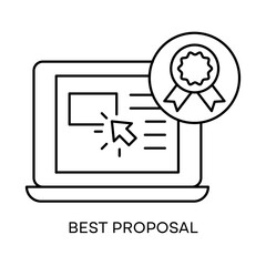 Best Proposal – Laptop and Badge Representing High-Quality Project Submissions with Editable Stroke