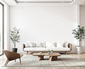 Bright and modern living room featuring a white sofa, wooden coffee table, and a large blank wall, best for showcasing artwork and decor mockups. Interior concept