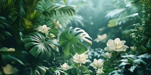 Lush tropical foliage filled with delicate white flowers.