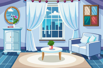 vector of Simple and white room with white furniture and white window and curtain