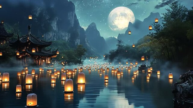 Mystical river lanterns float past ancient Chinese pagodas under a full moon