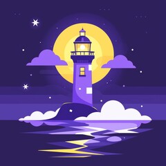  a purple and yellow lighthouse shining light over a starry ocean at night with simple lines and shapes against a purple background