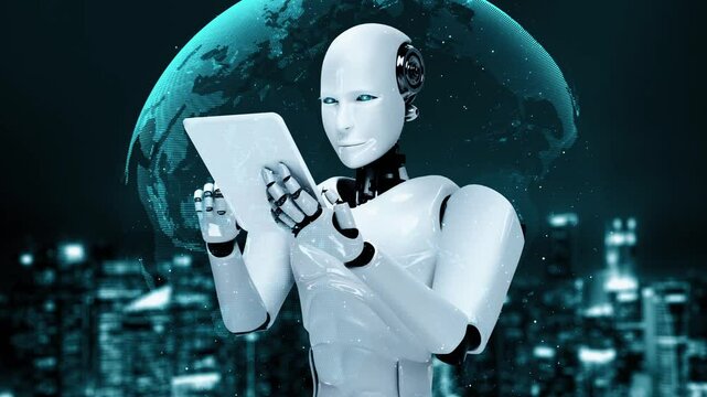 Futuristic robot artificial intelligence huminoid AI programming coding technology development and machine learning concept. Robotic bionic science research for future of human life. 3D rendering.