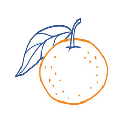 A hand-drawn orange with a leaf on top. The orange is bright orange and the leaf is blue. The drawing has a playful and whimsical feel to it