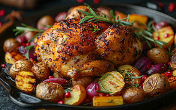 Golden roasted chicken with crispy skin, surrounded by root vegetables in a rustic style—perfect for hearty meals, roasted dishes, and home-cooked food-themed stock photography.

