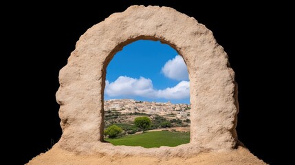 Stone archway revealing scenic landscape