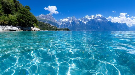 Crystal water mountains serene landscape summer day