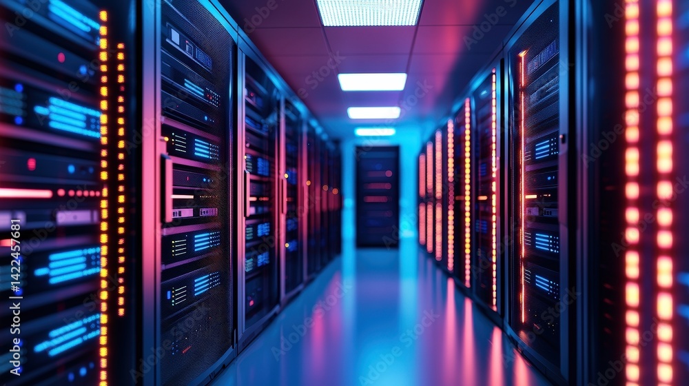 Poster a vibrant data center corridor filled with illuminated server racks, showcasing advanced technology 