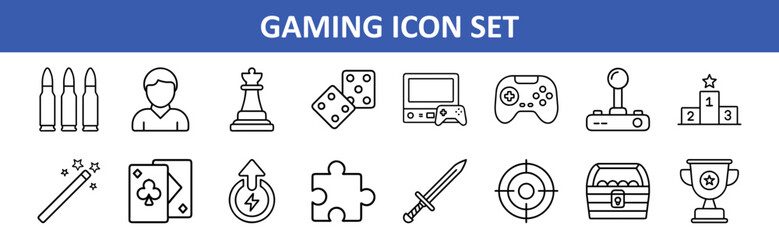 Gaming icons set vector illustration featuring joystick controller and chess piece outline design