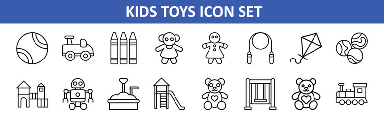 Obraz premium Kids toys icon set vector illustration with train kite doll crayon robot teddy bear and swing set