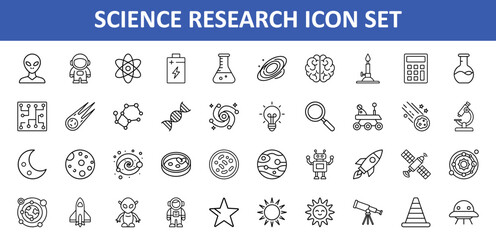 Science research icon set with alien astronaut atom battery flask galaxy brain and microscope