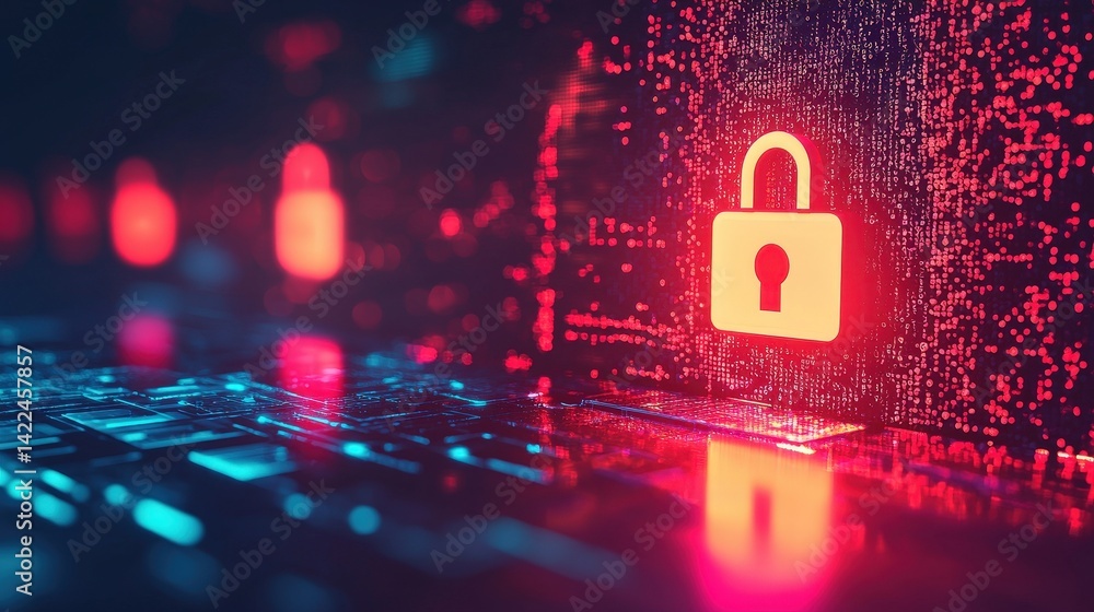 Poster a digital lock symbol over a futuristic circuit background, highlighting cybersecurity and data prot