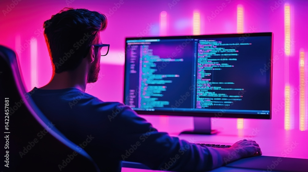 Aufkleber a focused individual programming on a computer, illuminated by vibrant purple and blue lights, creat