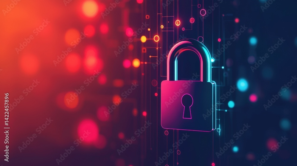 Poster a digital lock symbolizing cybersecurity and data protection, surrounded by vibrant abstract pattern