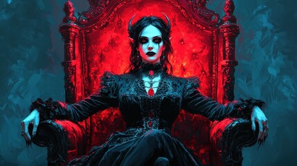 A dark, gothic-themed image featuring a woman in a black dress seated on a red throne, exuding an aura of power and mystery.