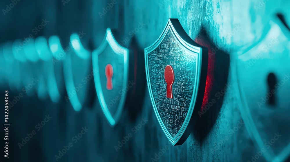 Poster a series of metallic shields with keyholes, illuminated in blue and red, suggesting themes of securi