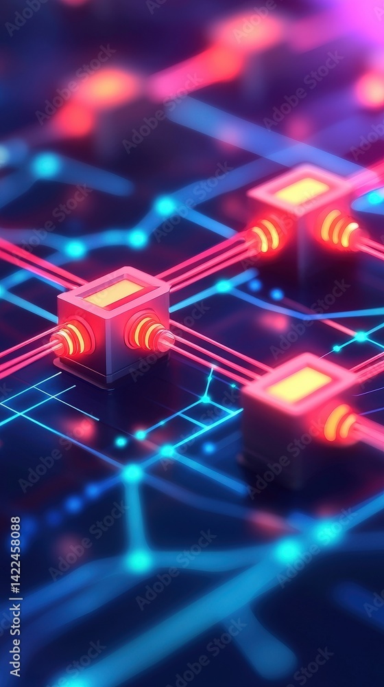 Poster a vibrant, abstract representation of interconnected circuits with glowing nodes and lines, showcasi